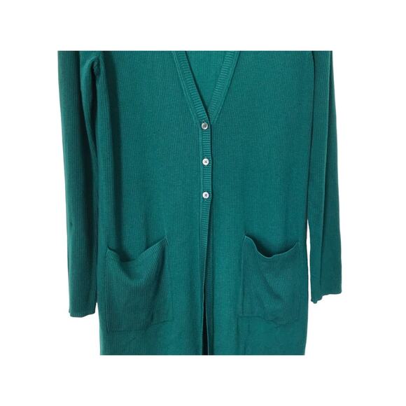 J Jill Cardigan Size XS Green Silk Blend Long Sleeve Long Line Ribbed Duster - Picture 3 of 11